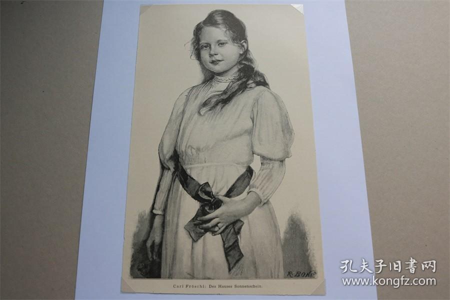 【百元包邮】《女孩》（Des Hauses Sonnenschein）   1902 年木刻版画  卡纸尺寸约29.7×21厘米 （货号500811）