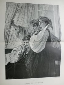 【百元包邮】《月窗下的沉思与欣喜》（während der serenade）1893年，大幅木刻版画， 纸张尺寸约56×41厘米。
