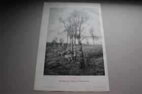 【百元包邮】《盛夏的田园风光》（Idylle im Hochsommer）   1897 年木刻版画     尺寸约 41*28厘米 （货号500858）