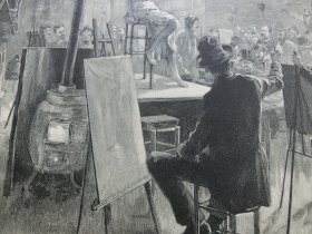 【百元包邮】《在巴黎朱利安学院的女模特》（In der Julian Akademie zu Paris）1892年，大幅木刻版画， 纸张尺寸约41×28厘米。