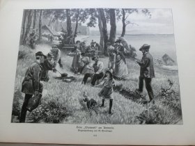 【百元包邮】《德国风光：阿默尔湖畔郊游》（Beim Warteweil am Ammersee） 1894年，木刻版画， 纸张尺寸约41×28厘米。