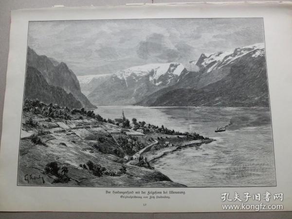 【百元包邮】1891年《乌伦斯旺的哈丹格福峡湾》（der hardangerfjord mit der folgefonna bei ullensvang）木刻版画 纸张尺寸约41×28厘米（货号603286）