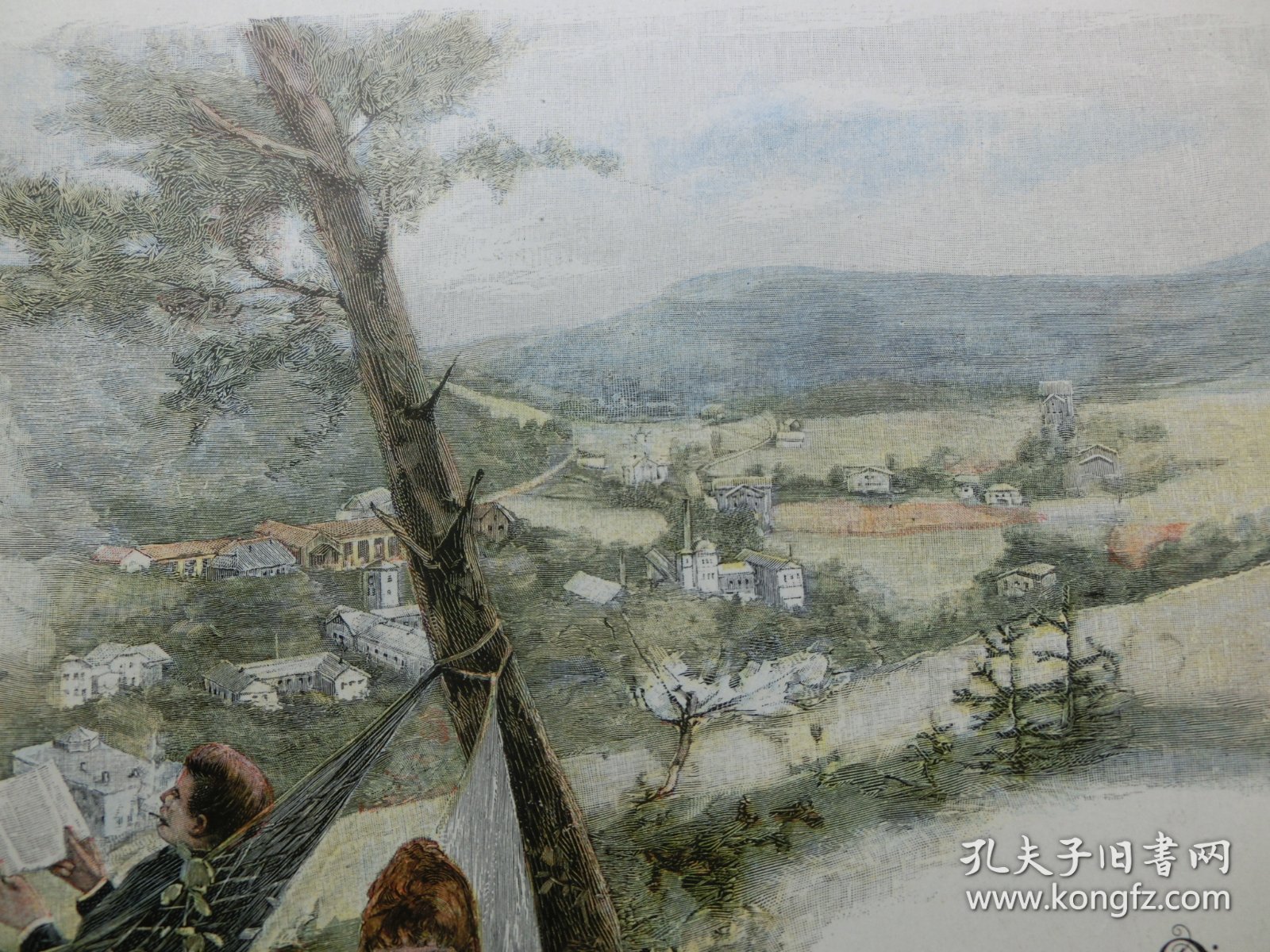 【百元包邮】《郊外休闲阅读》（Reinerz von dem Aussich spunkte quisisana gesehen）  1893年，套色木刻版画， 纸张尺寸约41×28厘米。