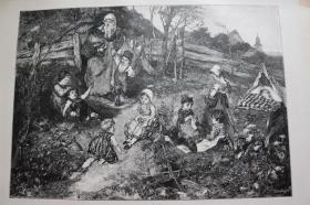 【百元包邮】《在村前玩耍的孩子们》 （Vor dem Dorfe）   1886年木刻版画  尺寸约40.8*27.5厘米  （货号501351）