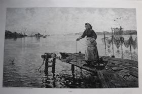 【百元包邮】《夏天傍晚——垂钓》（Sommerabend） 1899年   木刻版画  尺寸约41*29厘米   （货号501194）