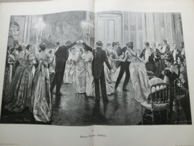 【百元包邮】《法国的科蒂隆舞》（Kotillon）1893年，大幅木刻版画， 纸张尺寸约56×41厘米。出自法国历史和肖像画家,亨利·坦雷（Henry Tenré,1854-1926）油画作品。法国某些乡村服装衬裙的时尚历史术语，也是一种社交舞蹈，流行于18世纪的欧洲和美国。最初是为四对舞者组成的广场舞，它是英国乡村舞的宫廷版本，是四轮舞的前身，在美国是广场舞。