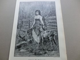 【百元包邮】《阿尔卑斯山下的农家少女》（Am Waldesrand1892年，大幅木刻版画， 纸张尺寸约41×28厘米。出自19世纪匈牙利画家，Joszi Arpad Koppay（1859–1927）绘画作品。