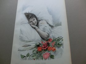 【百元包邮】】《圣诞祝福·女孩与玫瑰》（weihnachtsgruss ）1893年，套色木刻版画， 纸张尺寸约41×28厘米。