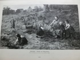 【百元包邮】《田园牧歌般的美好童年》（Schweinchen）1882年木刻版画， 纸张尺寸约41×28厘米。出自19世纪德国著名杜塞尔多夫画派画家，路德维格·克瑙斯（Ludwig Knaus，1829-1910）作于1873年的油画作品，原画藏于美国马里兰州沃尔特艺术博物馆