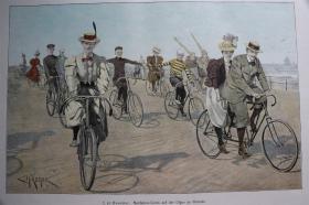 【百元包邮】《奥斯坦德海边骑自行车的人》（Radfahrer Corso auf der Digue zu Ostende）   1897 年套色木刻版画     尺寸约 41*28厘米 （货号500889）