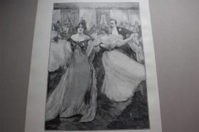 【百元包邮】《波斯顿舞会》（Eine Tour Boston）  1897 年木刻版画     尺寸约 41*28厘米 （货号500841）