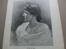 【百元包邮】《冰清玉洁：百合仙子》（Die Lilie von Jersey）1882年木刻版画， 纸张尺寸约41×28厘米。出自荷兰画家，Henry van der Weyde（1838–1924）的原创木刻作品 。注：画中少女身穿白色的百合花（Lilie），它代表着纯洁、庄严和百年好合；百合花的花朵颜色洁白和柔美，犹如一个美丽纯洁的少女，所以人们常用百合来象征神圣不可侵犯的事物
