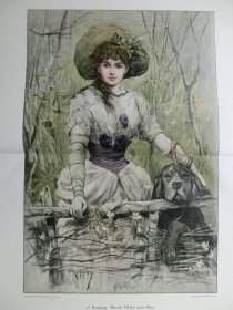 【百元包邮】《穿过林间小径：美女和她的忠诚卫士》（Durch Wald und Flur）1893年，大幅套色木刻版画， 纸张尺寸约56×41厘米。出自奥匈帝国画家,约瑟夫·阿尔帕德·科佩（Josef Arpád Koppay,1857-1927）作品。