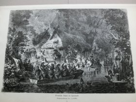 【百元包邮】《风景画：水乡泽国--施普雷河森林，德国勃兰登堡州》（Wendische Schule im Spreewald）1882年木刻版画， 纸张尺寸约41×28厘米。出自J.Puschkin的原创木刻作品 ，被称为“勃兰登堡小威尼斯”的施普雷河森林，位于柏林东南约100公里处；是由施普雷河多个分支流过的低洼地带，森林和绿地被数百条阡陌纵横、蜿蜒曲折的小河划分成无数小岛