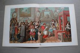 【百元包邮】】《FRANCE  XVII  法国 :17世纪，会议厅的内景。》 1888年 石版画 纸张尺寸约22×36厘米 （货号S000890)