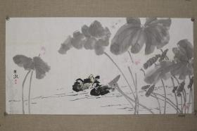 中国美术家协会会员李方凝 荷花鸳鸯 49.5×135 软片