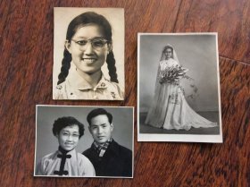 3张老照片【年轻美女，穿新婚礼服，夫妻合影】一人的.
