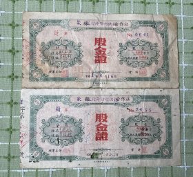 纸品（杂项）：歙县呈村降联村供销合作社股金证2张合售/1951年