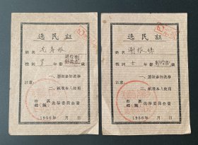 纸品：1956年选民证2张合售（无锡市青祁乡）