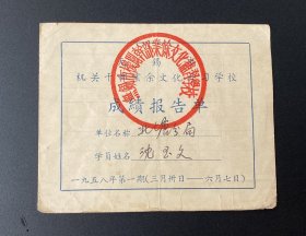 纸品：无锡市机关干部业余文化补习学校成绩报告单（1958年第一期）