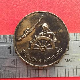 A821旧铜美国约翰.豪兰船长与剑背面大楼1812-1962铜牌章珍收藏
