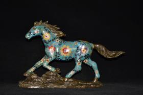 早期收藏 纯铜仿紫铜景泰蓝掐丝带底座奔马摆件 做工精细