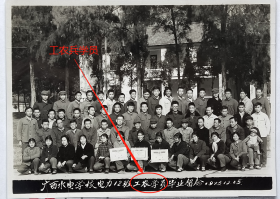 老照片：广西南宁——南宁水利电力学校，1975年，工农兵学员毕业。背面名单：辛松金、韦化相、兰炳忠、庄谭盛、韦裕田、罗起相（凤山县）、覃炳乾、赖瑞海、韦培雄、黄其耀等。——校简史：1956年成立，初名南宁水利学校。1970年更名广西水利电力学校（简称广西水电学校）。2002年升格为广西水利电力职业技术学院。