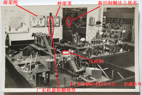 老照片：1951年上海市土产展览交流大会，食料馆——上海市糖商业同业公会，糖部——广东机器制糖模型。有“压榨间”、“甜菜图”、“种甜菜”。“新旧制糖法之优劣”等字样。——简史：与上海市糖商业同业公会有直接渊源关系的同业组织是1825年创立的点春堂，亦称上海南市糖业公所。1930年成立了正式的上海市糖商业同业公会。【上海市糖商业同业公会——旧藏系列】