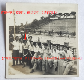 老照片：广州越秀山人民游泳场—游泳池，1958年夏，余*卿（左三）等。背题“华工校园”。——校简史：最早可溯源至1918年成立的广东省立第一甲种工业学校。52年全国高校院系，以中山大学工学院、华南联合大学理工学院、岭南大学理工学院工科系及专业、广东工业专科学校为基础，调入湖南大学等校部分工科系及专业组建而成。88年更名华南理工大学。【广东省广州市第一护士学校—美女学生—宝安人—余*卿旧藏系列】