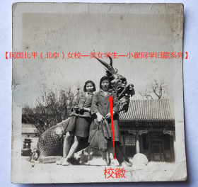 民国老照片：民国北京—颐和园—仁寿殿，麒麟与戴校徽的美女学生。1948年4月（根据同一批另一张，请藏家自鉴！）【陌上花开—民国北平（北京）女校—美女学生—小翟同学旧藏系列】
