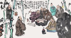 【竹林七贤】【终身保真，取自画家本人】吴金鹏，现为厦门远东专修学院艺术系美术专业副教授，海峡两岸文化协会漫画艺委会副会长，厦门漫画协会副会长，天天漫画网美术策划。水墨写意人物画10《竹林七贤的由来》（90×49cm）。