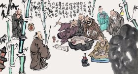 【竹林七贤】【终身保真，取自画家本人】吴金鹏，现为厦门远东专修学院艺术系美术专业副教授，海峡两岸文化协会漫画艺委会副会长，厦门漫画协会副会长，天天漫画网美术策划。水墨写意人物画10《竹林七贤的由来》（90×49cm）