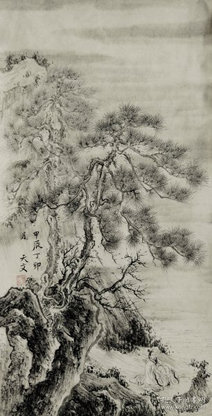 好不好看细节【特别精彩古人笔意水墨画精品】【取自本人，终身保真】毕天文，1987年生于云南丘北，2008年结业于文山学院美术系，师承郑维坤老师；2013年结业于中国美术学院中国画系，师承张伟平老师。传统小写意水墨山水画4《观水静听松风》（68cm×34cm）