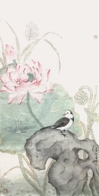 【取自画家本人，终身保真】姜博语，甘肃通渭人，别署求一斋。毕业于陕西理工大学国画系，取法宋元，研习传统，花鸟山水，工写兼修。四尺四开工笔花鸟画1荷花《工笔荷花鸟雀》（68×34CM）。