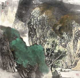 【中国美术家协会会员】【取自画家本人，原作保真】刘大力，承德市美协理事，承德县美协副主席兼秘书长，承德县政协委员。六尺斗方泼墨水墨大写意山水画5《云海泉声》（90×90CM）