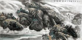 【无假货无仿品无印刷全部保真】丁冠一，实力派写意画家,主攻花鸟、山水。国家一级工艺美术师，河南省美术家协会会员，炎黄书画院平顶山分院秘书长兼总编辑，中国书画研究会会员。四尺整张横幅国画山水画1《万壑树声满，千崖秋气高》（68×136cm）。