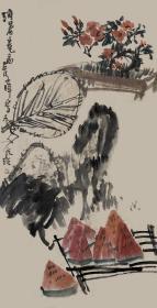 【中美协会员】【取自本人，终身保真】路晖（笔名小晖），中国美术家协会会员，中国女画家协会会员，永济市美术家协会副主席。2018年至今就读于中国国家画院吴悦石工作室、中国艺术研究院吴悦石工作室。四尺中堂水墨大写意花鸟画6西瓜凌霄花卉《消暑图》（138cm×68cm）