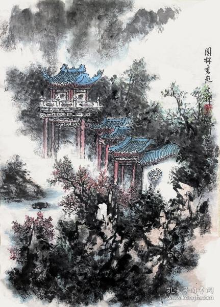 【本店没有任何仿品印刷品，全部保真】宋京辉，先后师从中央美院著名画家李燕教授、中国画院著名画家何镜涵教授，为何镜涵的入室弟子，后入中央美院深造。亭台楼阁山水画作品22《园林秀色》（69×49cm）