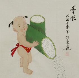 【童趣人物画】【周佳蕙】当代知名画家，三尺斗方小孩儿童人物画3《丰收》（50×50cm）。