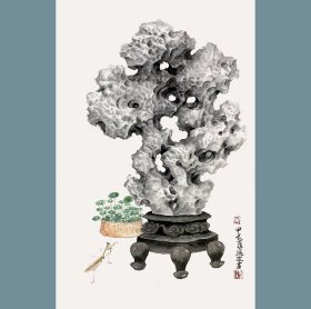 【石来运转】【灵石铜钱草】【来自画家本人终身保真】黄德俊，剪烛山房主人，三清山李可染画院展览部主任，福建李可染画院研究员中国画院青年画家。工笔小写意水墨禅意画32《太湖石铜钱草螳螂》《灵石图》（69×46cm）