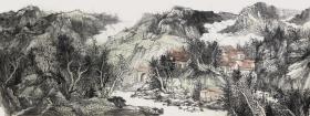 【小六尺精品山水画】【无假货无仿品无印刷全部保真】夏建军，2018年在中国人民大学中国书画艺术高研班结业。现为中国山水画协会会员，湖北省美术家协会会员。 国画水墨山水画30《故乡记忆》（182×70cm）