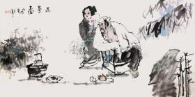 【本店只做真品真迹】【中美协精品·吴立伟】毕业于东北师范大学美术系，后进修于中国画艺术创作院高研班，师承于张道兴、任惠中、程振国、张复兴。国家一级美术师。中国美术家协会会员、中国煤矿美术家协会副主席、北京王府画院院长。国画人物画4尺4《品茶图》（68×136cm）。