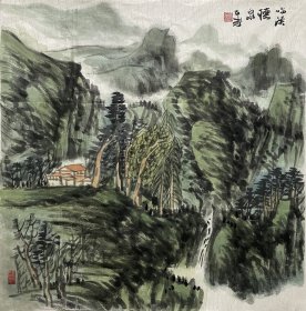 【所有作品保真，画家纯手绘】张正春，现于山东工艺美术学院学习深造。四尺斗方青绿山水画1《临溪听泉》（66cm×66cm）