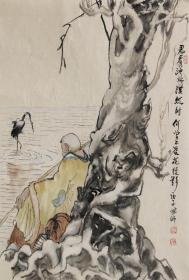 【精彩水墨人物画】【来自画家本人，保证真迹】】张国昕，北京美术家协会会员，全国公安美协会员。水墨写意人物画7《君看池水湛然时,何曾不受花枝影》（69×45cm）。