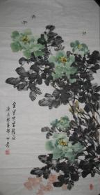 （保真）来源画家本人：国家一级美术师、中国美术家协会员、著名花鸟画家邵仲节先生四尺整纸设色国画作品《国色天香——绿牡丹图》一件