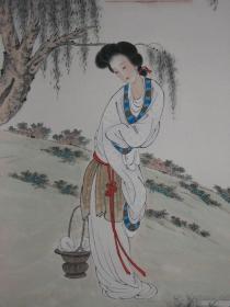 （保真）来源艺术家本人：国画大师徐燕荪入室弟子—已故著名四川人物画家李仲海先生1999年国画工笔人物画精品——《西施洗纱图》一件，大尺寸（四尺整纸），人物生动传神、衣饰工细精美，传统功力深厚。