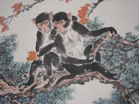 （保真）来源画家本人：已故川籍著名国画大师周北溪老人2000年设色写意猴画作品《墨猴图》三尺整纸一件，精美绝伦。