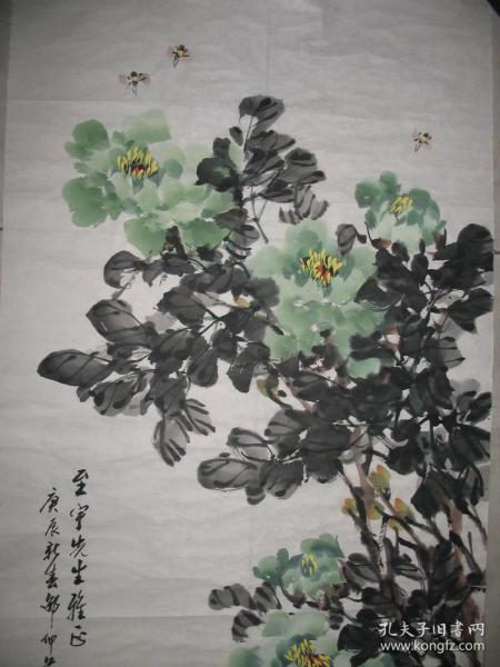 （保真）来源画家本人：国家一级美术师、中国美术家协会员、著名花鸟画家邵仲节先生四尺整纸设色国画作品《国色天香——绿牡丹图》一件