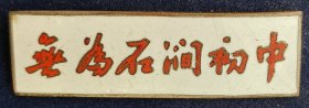 无为石涧初中校徽——五十年代徽章校徽证章奖章勋章纪念章类。
位于今安徽省芜湖市无为市石涧镇。该校始建于1958年，1962年并入仓头初中，1969年无为中学下迁石涧，重新复校。1971年由初中发展成为完全中学。