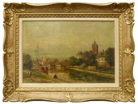 欧洲油画E.Rozas. 河边垂钓 19世纪晚期 53 x 37cm
